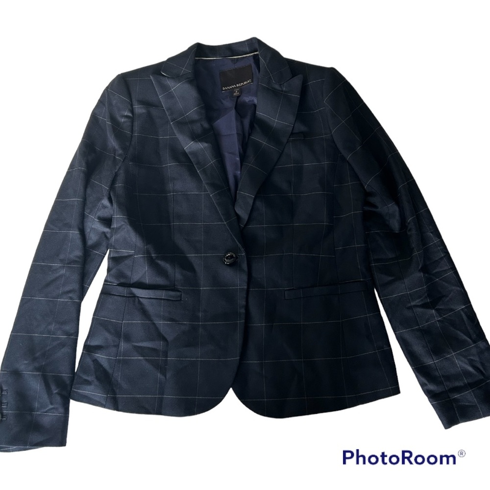 Banana Republic navy white windowpane blazer jacket